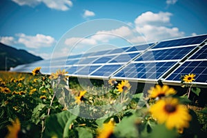 Sunflowers and Solar Panel in a Vibrant Field Promoting Renewable Energy, Wildflowers in front of solar panels on a field, AI