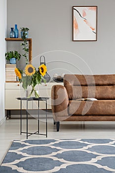 Sunflowers on table next to leather settee in apartment interior with poster and carpet. Real photo photo