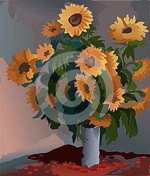 Sunflowers in a vase on the table. Painting by numbers. Vector illustration