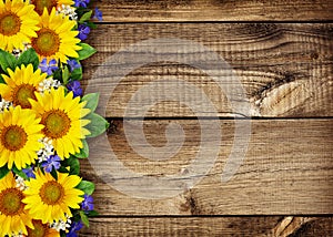 Sunflowers and wild flowers border on wood