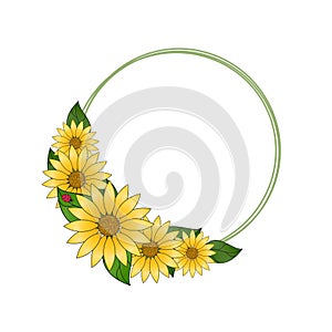 Sunflowers wreath and cute ladybug element design on white