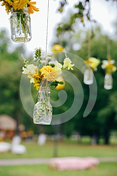 Sunflowers and yellow blum flowers with rustic decoration