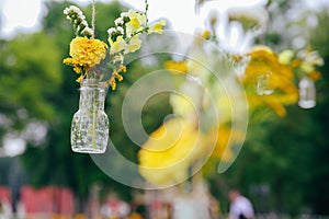 Sunflowers and yellow blum flowers with rustic decoration