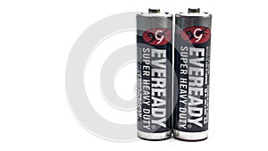 Two pieces of Eveready Super Heavy Duty AA isolated on white background.