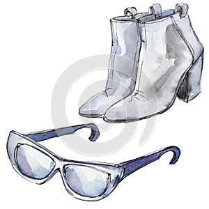 Sunglases and shoes sketch illustration in a watercolor style isolated element. Watercolour fashion background set.