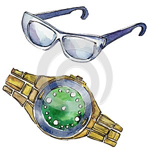 Sunglases and watch sketch illustration in a watercolor style isolated element. Watercolour fashion background set.