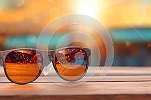 A sunglass on wooden board on blur beach with bokeh background