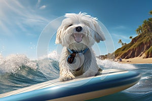 Sunglassed Surfer Delight: Maltese Dog Catches Waves of Happiness - Generative AI