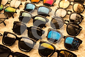 Sunglasses apparel in market shop with big discounts on eyewear