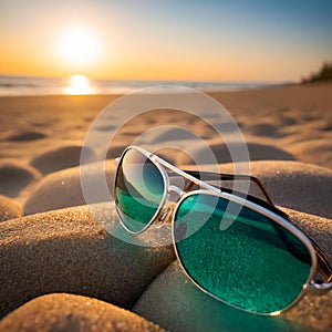 Sunglasses on the beach near the ocean. Generative AI
