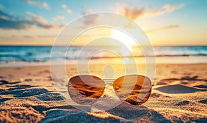 Sunglasses on beach sand at sunset reflecting ocean and sky
