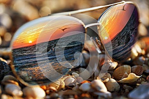 Sunglasses on beach with sea reflected in them