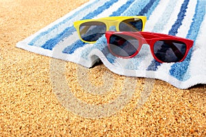 Sunglasses beach sunbathing copy space