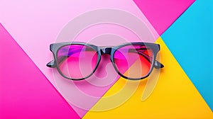 Sunglasses with black frame on colorful background. View from above