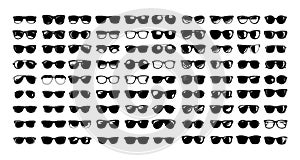 Sunglasses black ink sketch vector set. Men women sun goggles fashionable accessory different models icons isolated on