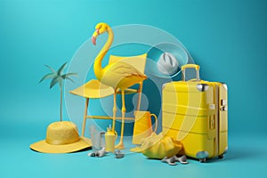 sunglasses blue flamingo suitcase background yellow summer travel 3d vacation concept. Generative AI.