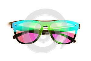 Sunglasses with bright mirror lenses of pink, green and blue colors isolated on white background