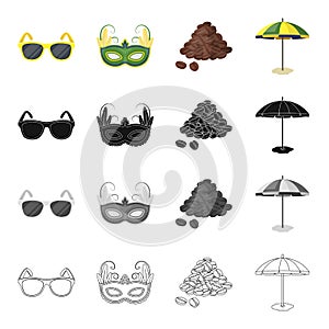 Sunglasses, carnival mask, famous Brazilian coffee, beach umbrella. Brazil set collection icons in cartoon black