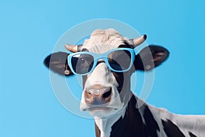 Sunglasses-clad cow against blue backdrop, surreal animal portrait. Generative AI