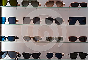 Sunglasses collection in a showcase
