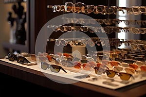 sunglasses display in boutique with accessories for sale