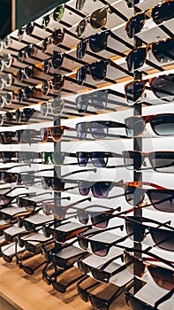 Sunglasses on display rack offer variety in eyewear selection