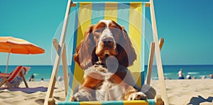 sunglasses dog lazy chair relax vacation funny summer beach pet. Generative AI.