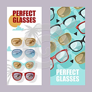 Sunglasses fashionable accessory set of banners. Sun spectacles plastic frame modern eyeglasses vector illustration