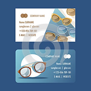 Sunglasses fashionable accessory set of business cards. Sun spectacles plastic frame modern eyeglasses vector