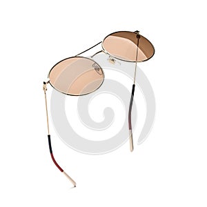 Sunglasses in flying isolated on white and grey background. Retro sunglasses summer woman fashion accessories as design