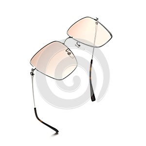 Sunglasses in flying isolated on white and grey background. Sunglasses metal summer woman fashion accessories as design