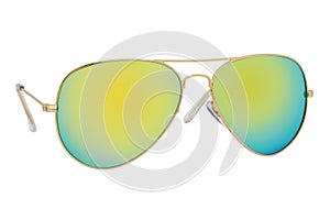 Sunglasses with a gold frame and yellow mirror lens.