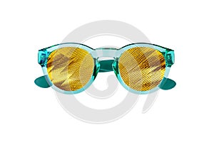 Sunglasses with golden lens white background isolated closeup, abstract shiny yellow decoration on sunglass digital screen concept