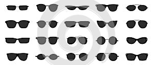 Sunglasses icon set. Black glasses optic frames silhouette. Sun lens ocular with plastic rims. Vector illustration