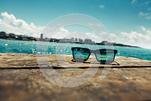 Sunglasses lie on a terrace in the background of a summer sea la