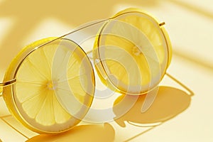 Sunglasses made of lemon slices. Fresh sliced lemon fruit in the shape of sunglasses. Summer, vacations, vitamins and fruits