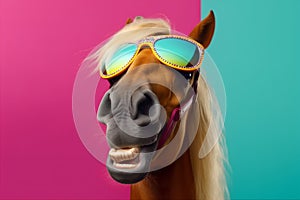 sunglasses model funny colourful goggles background portrait fun animal horse smile. Generative AI.