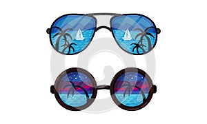 Sunglasses with Ocean or Sea Shore with Palm Tree Reflection Vector Set