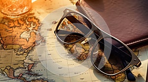 Sunglasses, passport with map. Travel concept, two passports on the map of Europe