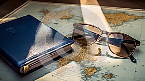 Sunglasses, passport with map. Travel concept, two passports on the map of Europe