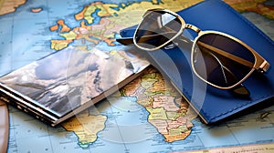 Sunglasses, passport with map. Travel concept, two passports on the map of Europe
