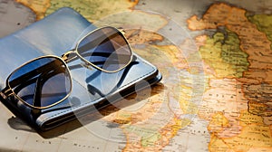 Sunglasses, passport with map. Travel concept, two passports on the map of Europe