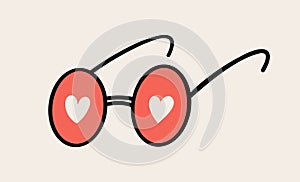 Sunglasses with pink panes and heart symbols. Love concept. Vector trendy liiustration isolated on light