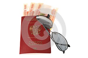 Sunglasses and Russian international passport with money isolate