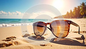 Sunglasses on a sandy beach concept Summer