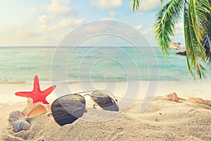 Sunglasses on sandy in seaside summer beach with starfish, shells, coral on sandbar and blur sea background. photo