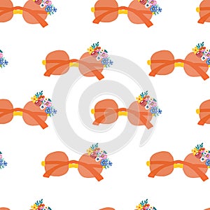 Sunglasses seamless vector pattern. Pink sunshades with flowers on a white background. Fun summer textile design boho