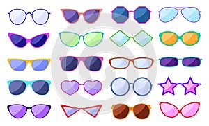 Sunglasses silhouette. Retro fashion glasses, glamour goggles. Trendy spectacles with reflection, protection eyewear