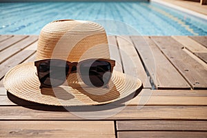 Sunglasses and straw hat on the wooden floor at the pool
