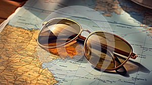 Sunglasses travel passport country map. Travel concept, two passports on the map of Europe